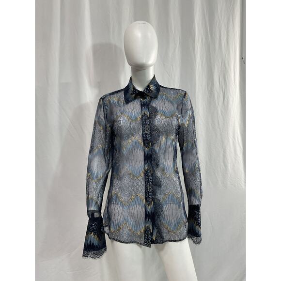 Ramy Brook 'Nora' Navy Lurex Mesh Long Sleeve Blouse Size L - Picture 2 of 5